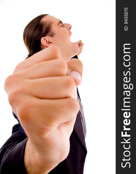 Close up view of man's stretched hand on white background