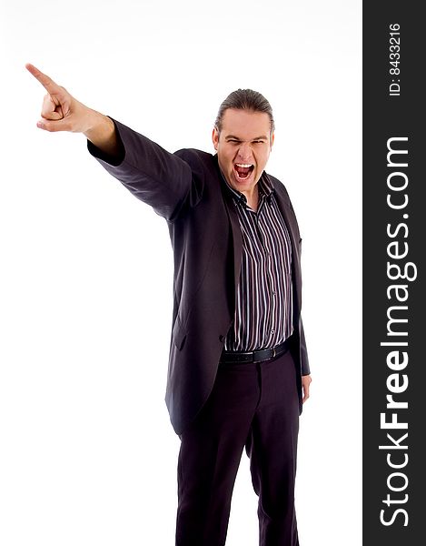 Disappointed businessman pointing with white background