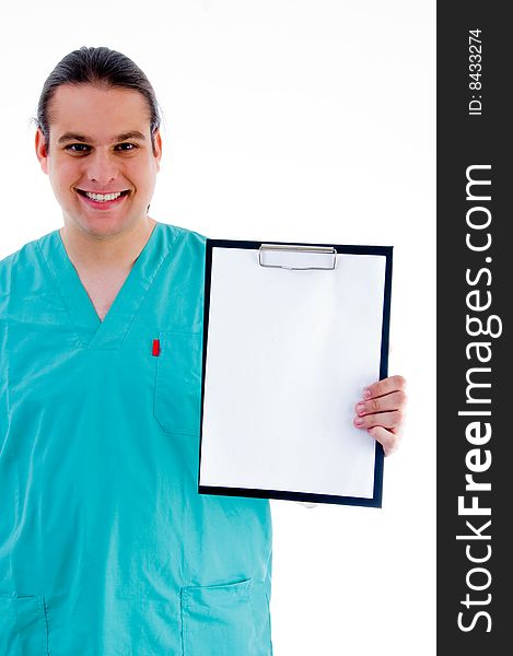 Male doctor with prescription notepad against white background
