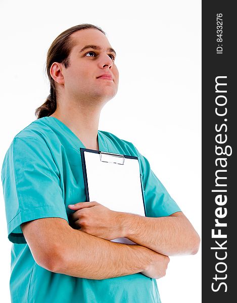 Smart pose of doctor holding clipboard on an isolated white background