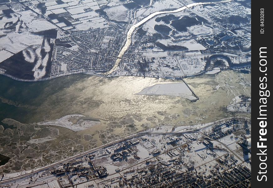 An aerial view of the frozen Niagara River, Ontario Canada.