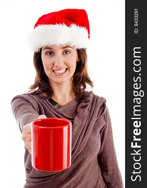 Young female posing with her coffee mug on an isolated white background