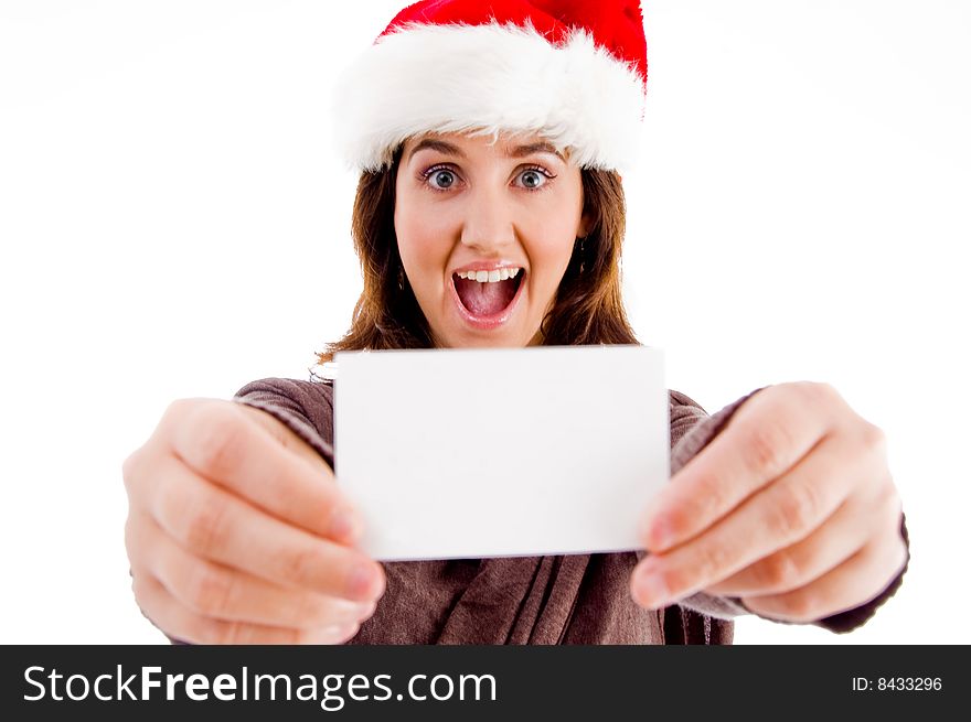 Woman wearing christmas hat displaying business card isolated on white background. Woman wearing christmas hat displaying business card isolated on white background