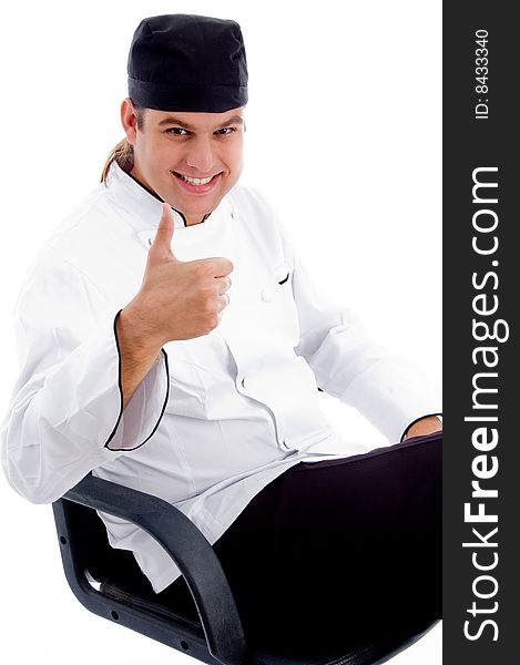 Smart male chef with thumbs up hands gesture