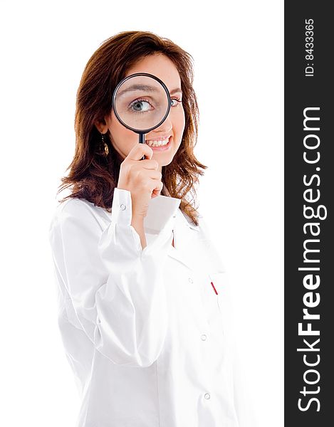 Doctor Holding Magnifier Close To Eyes