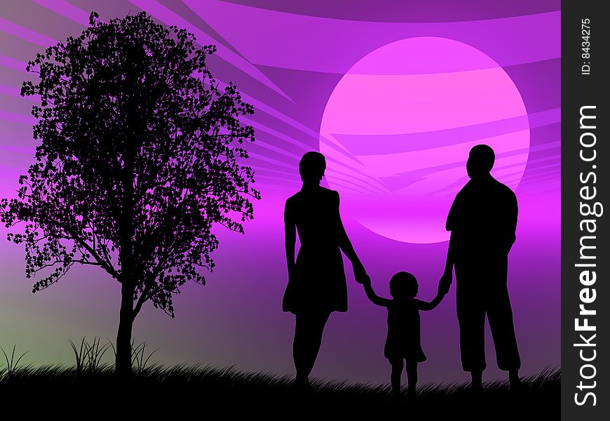 Family in front of a colorful sunset. Family in front of a colorful sunset