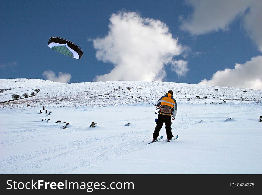 Kite skiing on snow on Dartmoor