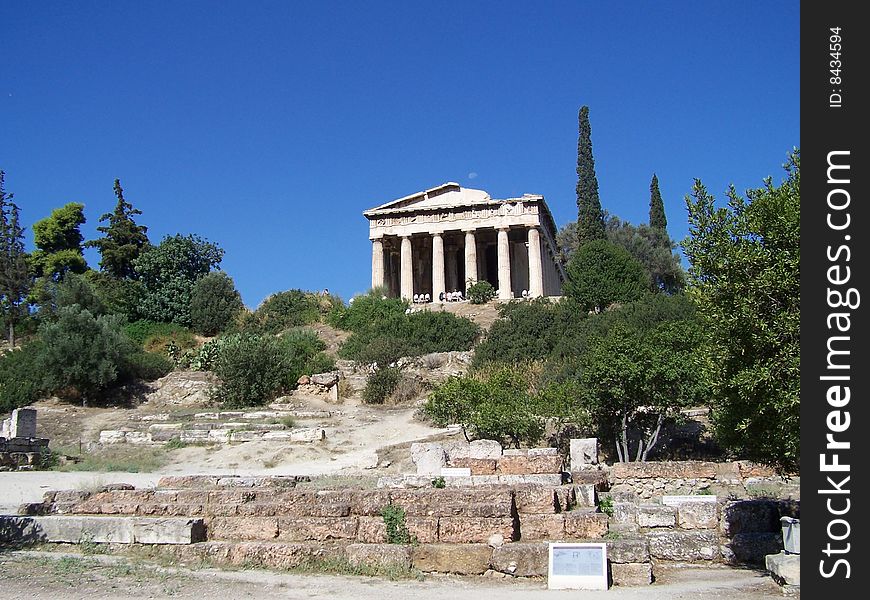 Temple in the Athenian Agora with the Moonrising behind. Temple in the Athenian Agora with the Moonrising behind