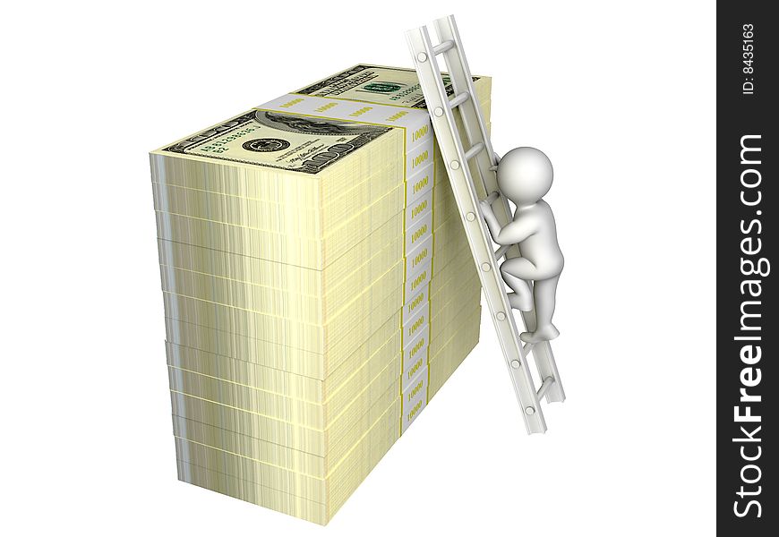 The person gets on a bundle of cash with a ladder. The person gets on a bundle of cash with a ladder.