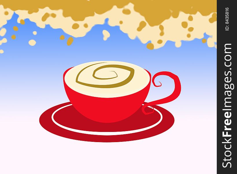 A little red cup full of milk and coffee on a light blue background and raining drops of coffee and milk. Digital drawing. Coloured picture. A little red cup full of milk and coffee on a light blue background and raining drops of coffee and milk. Digital drawing. Coloured picture.