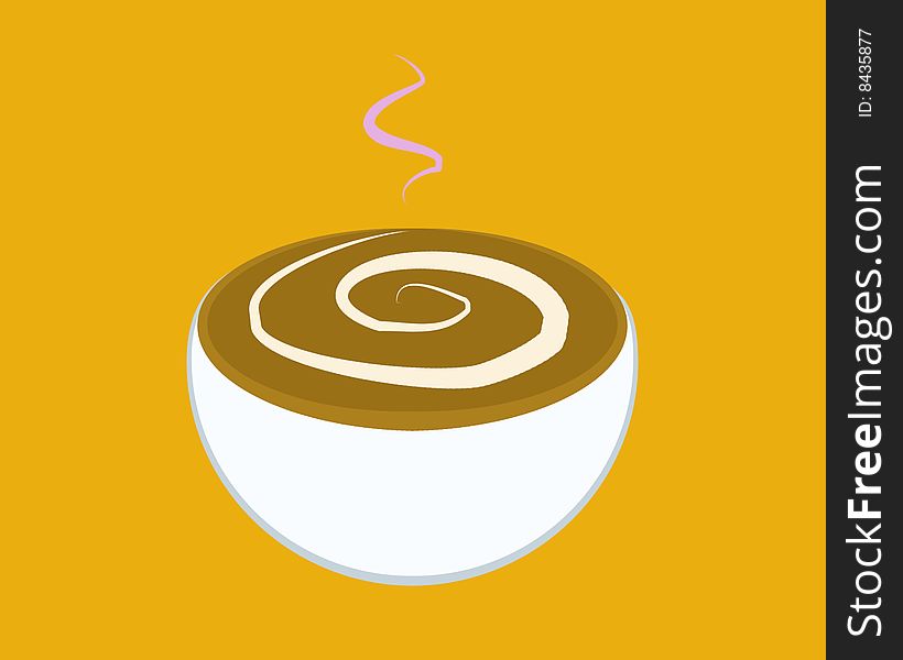 A big and hot cup of chocolate and cream on an orange background. Digital drawing. Coloured Picture. A big and hot cup of chocolate and cream on an orange background. Digital drawing. Coloured Picture.