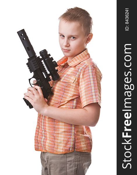 Boy with big gun isolated on a white background. Boy with big gun isolated on a white background