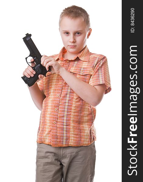 Boy with big gun isolated on a white background. Boy with big gun isolated on a white background
