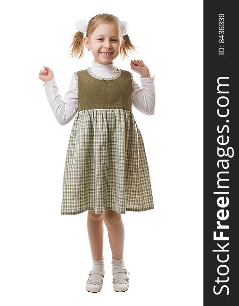 Little beautiful schoolgirl isolated on a white background