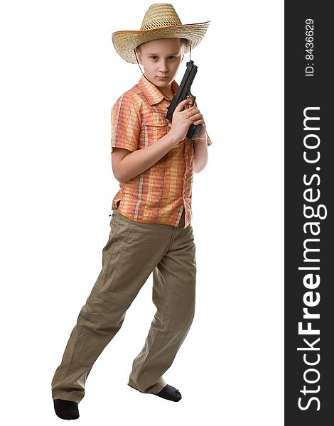 Boy with big gun isolated on a white background. Boy with big gun isolated on a white background