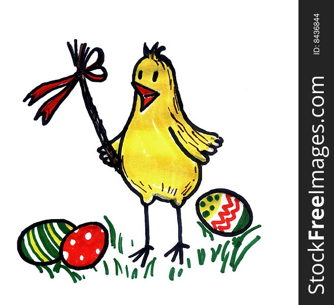 Hand drawing, Easter motive, yellow chick with coloured eggs