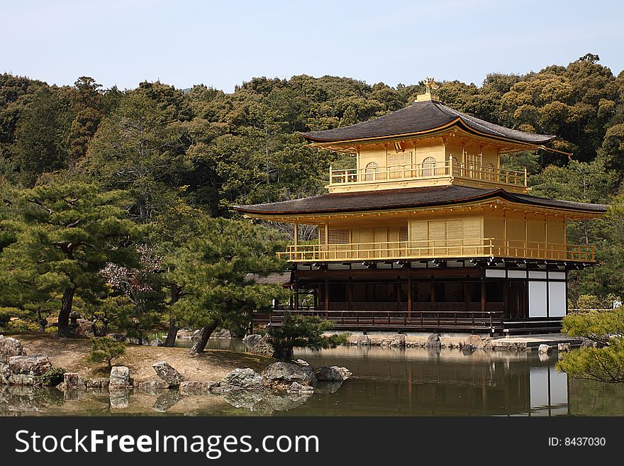 Deer-Garden Temple is also informally known as Kinkaku-ji or Golden Pavilion Temple.  It is located in Kyoto, Japan. Deer-Garden Temple is also informally known as Kinkaku-ji or Golden Pavilion Temple.  It is located in Kyoto, Japan.