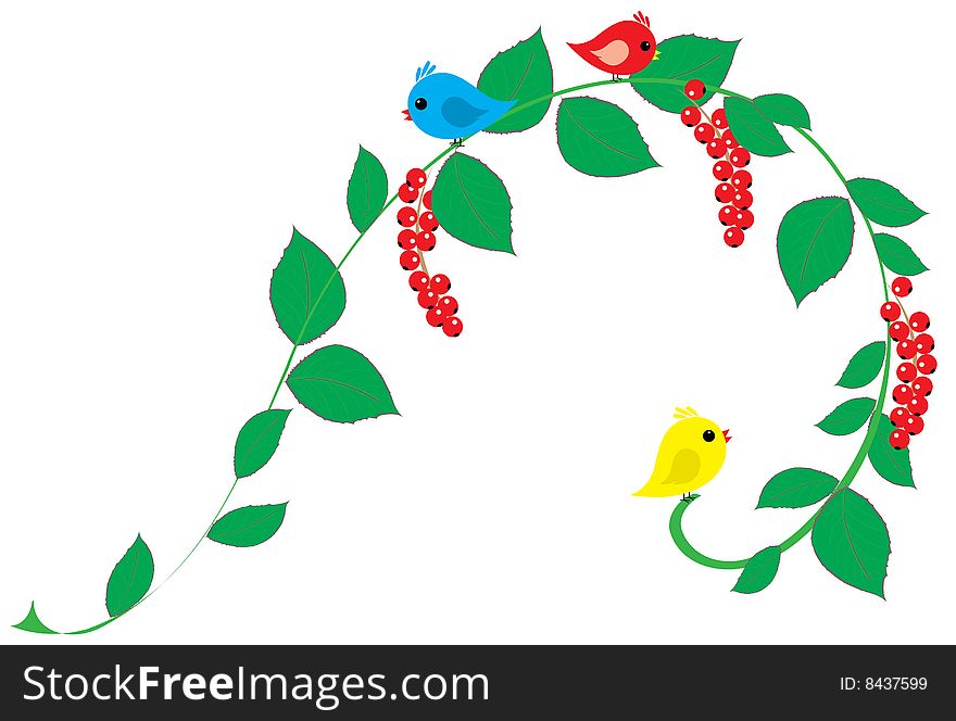 Illustration of cartoon birds with floral elements. Illustration of cartoon birds with floral elements