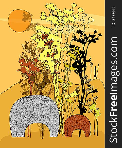 Picture with elephants in nature stylized
