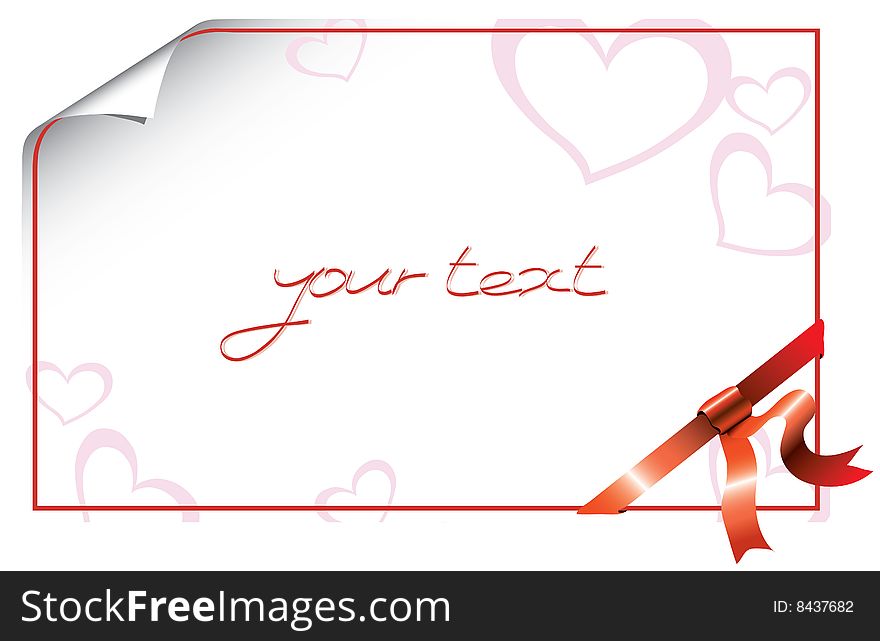 Illustration of paper card with red bow and hearts. Illustration of paper card with red bow and hearts