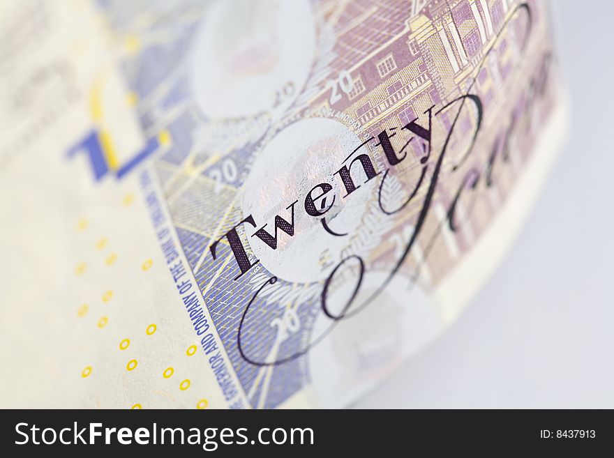 British Twenty Pound note in close-up. British Twenty Pound note in close-up