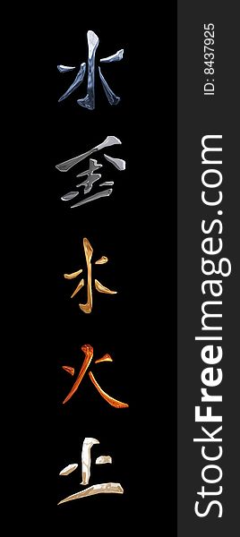 Five Chinese hieroglyphs elements. water metal wood fire earth