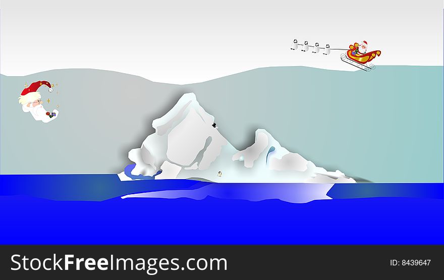 Santa pulled by Penguins over an iceberg