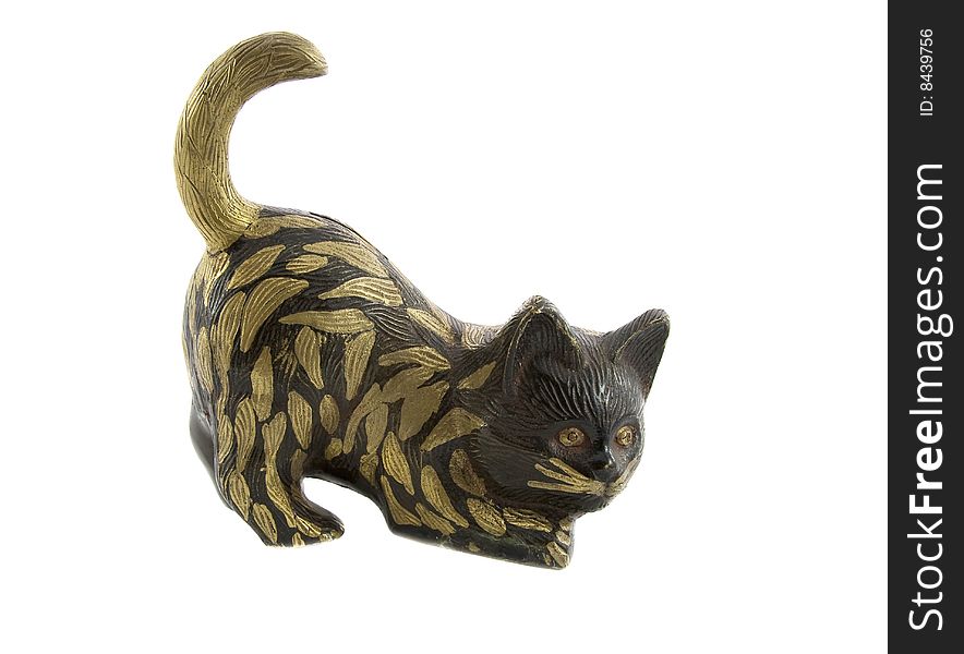 Bronze statuette of fun cat isolated over white