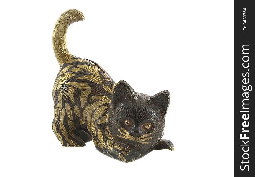 Bronze statuette of fun cat isolated over white