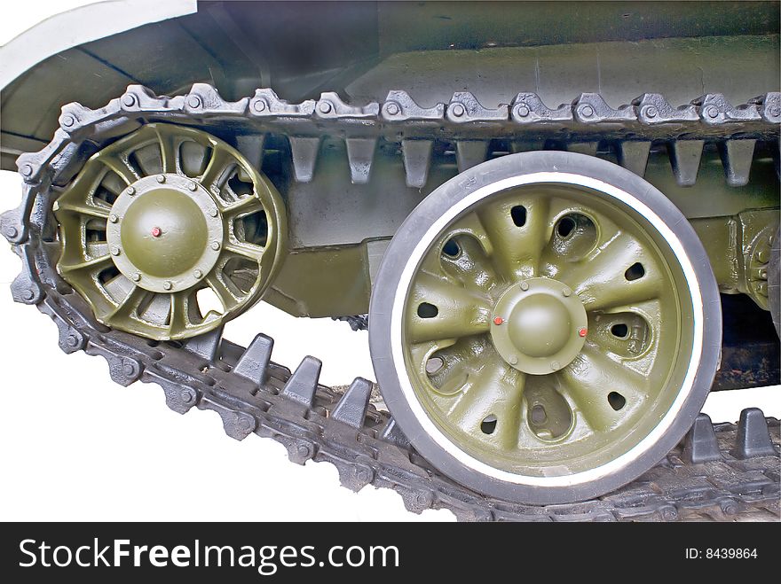 A part of panzer on white,including the chain and wheels
