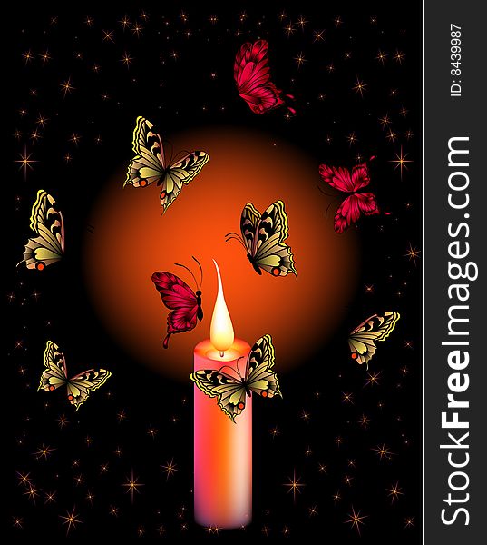 Beautiful butterflies against a burning candle
