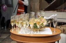 Many Champagne Glasses In Restaurant Table Stock Photo