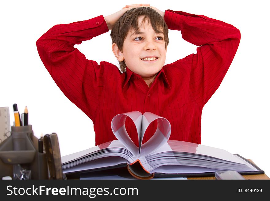 Boy with book on white background