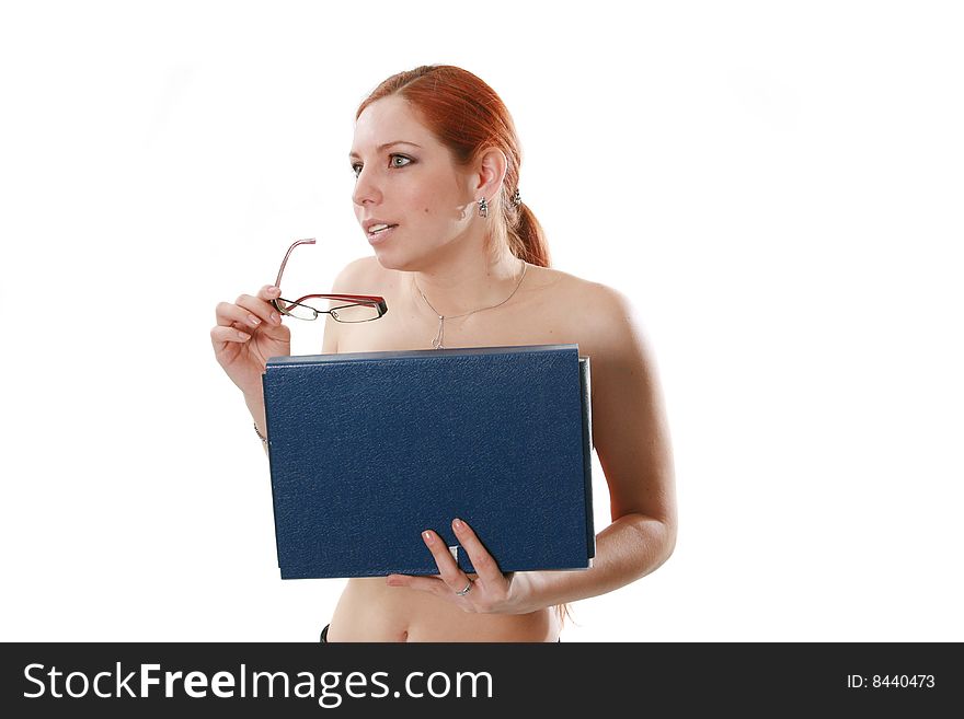 The naked red-haired secretary with a folder of documents