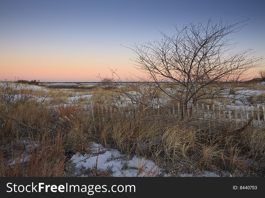 Snowy Sand Dunes At Sunrise