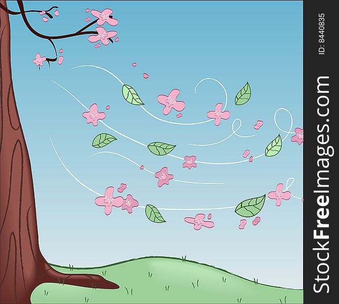 This is a  illustration of cherry blossoms blowing in the wind. This is a  illustration of cherry blossoms blowing in the wind