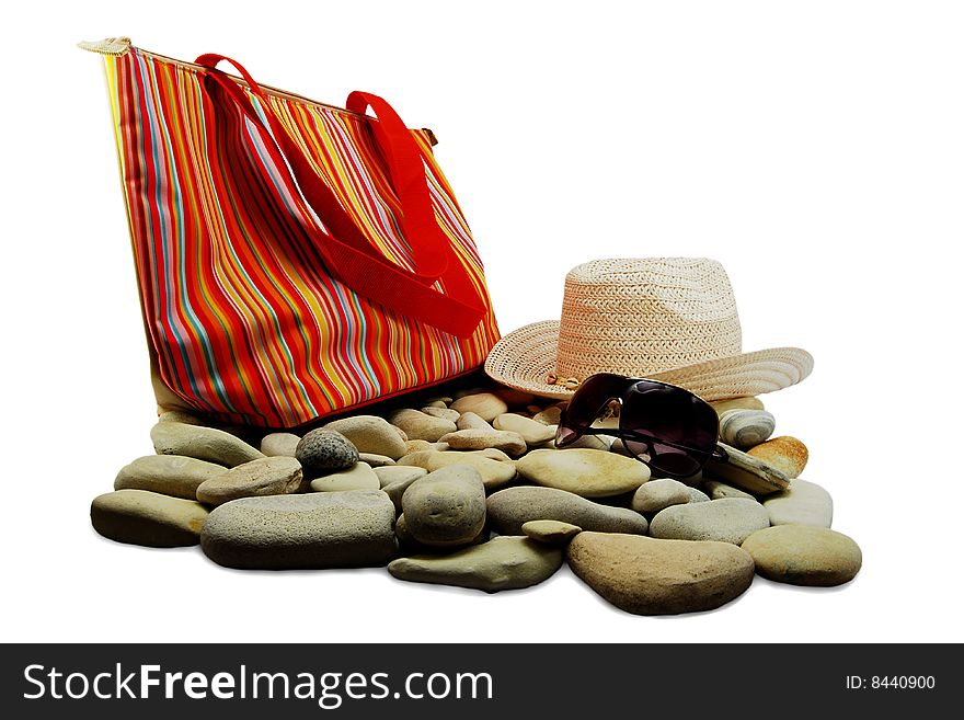 Isolated image of the bag on the rocks, the concept of active rest. Isolated image of the bag on the rocks, the concept of active rest