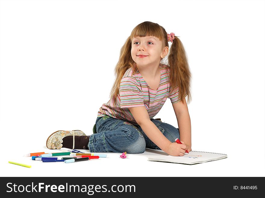 The girl draws on a white background