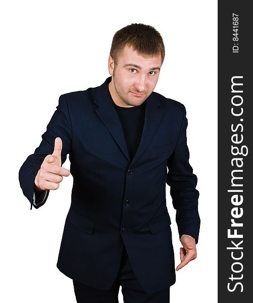 Businessman show thumb up sing isolated over white with clipping path