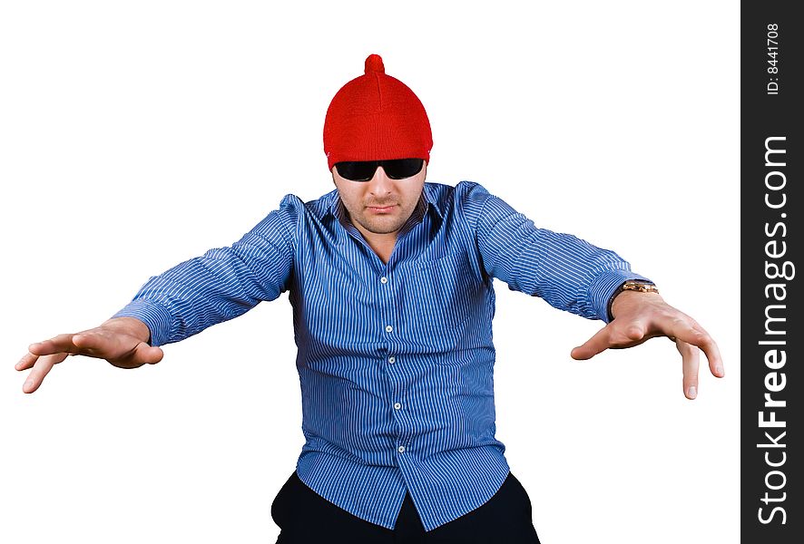 Crazy man in red cap isolated over white with clipping path