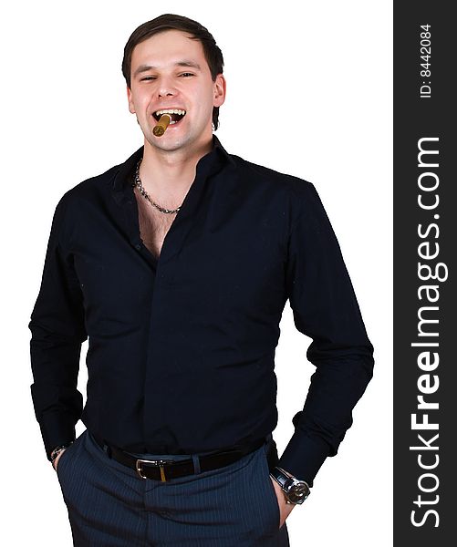 Man in black with cigar isolated over white with clipping path