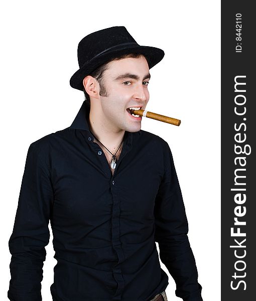 Man in black hat with cigar isolated over white with clipping path