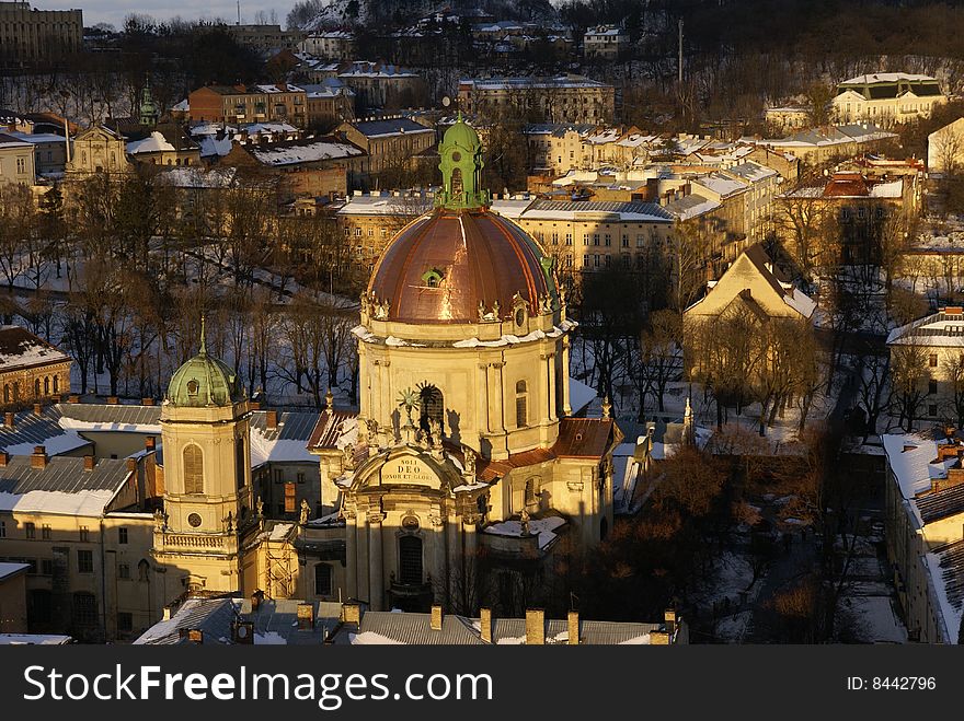 Lvov in the winter at a sunset. Lvov in the winter at a sunset