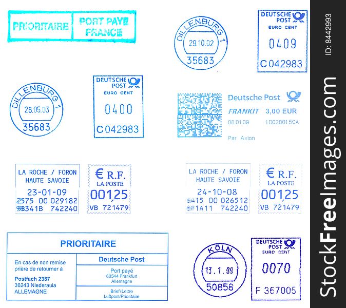 Blue postmarks, postage stamps background