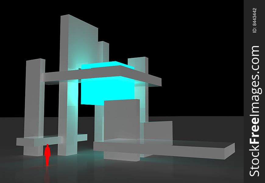 Glowing construction in darkness. 3D render