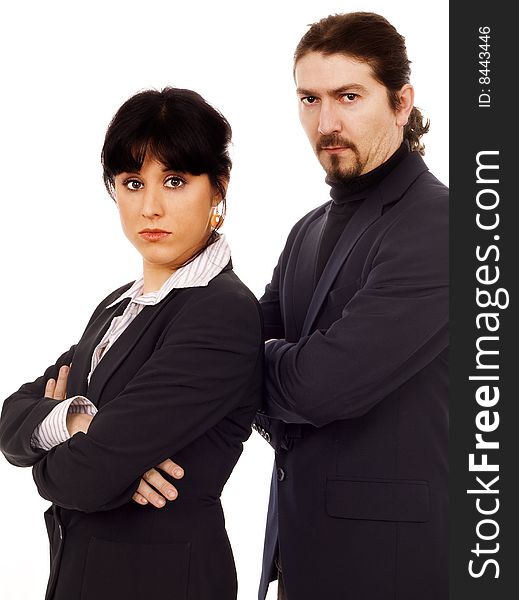 Woman and man business couple serious white isolate. Woman and man business couple serious white isolate