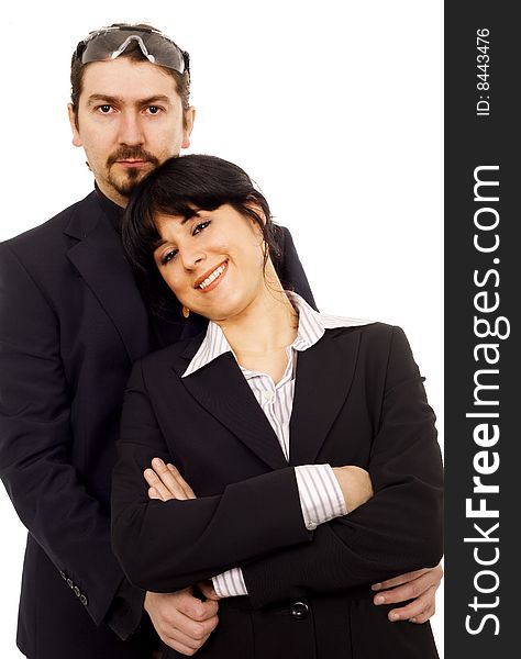 Woman and man business couple serious white isolate. Woman and man business couple serious white isolate