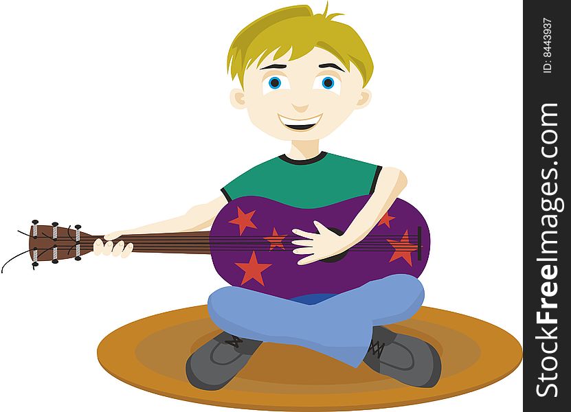 Vector illustration of a boy playing a purple guitar. Vector illustration of a boy playing a purple guitar.
