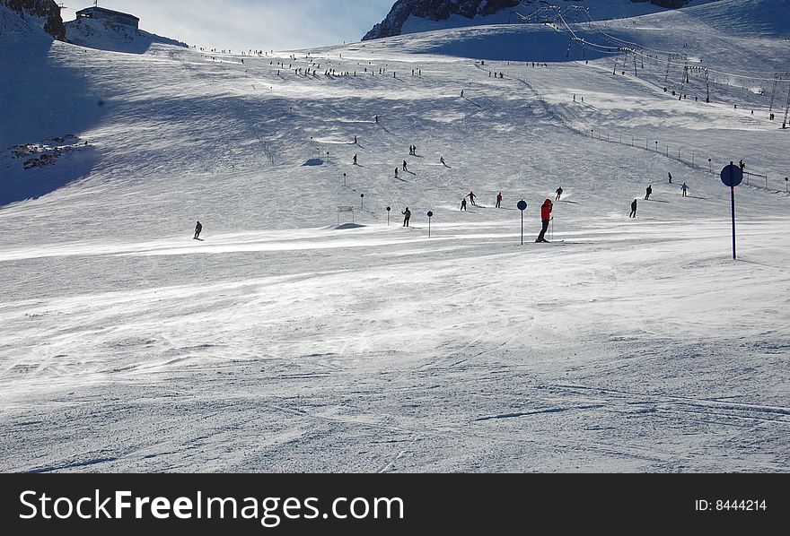 Ski and snowboard slope in the Austrian Alps, Stubai Glacier Resort. Ski and snowboard slope in the Austrian Alps, Stubai Glacier Resort