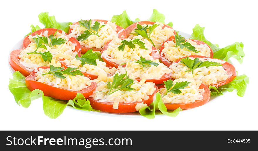 Stuffed tomatoes with cheese and garlic, isolated on white